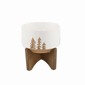 Ceramic Planter On Wood Stand White/Dark Brown 4" plant seeds  