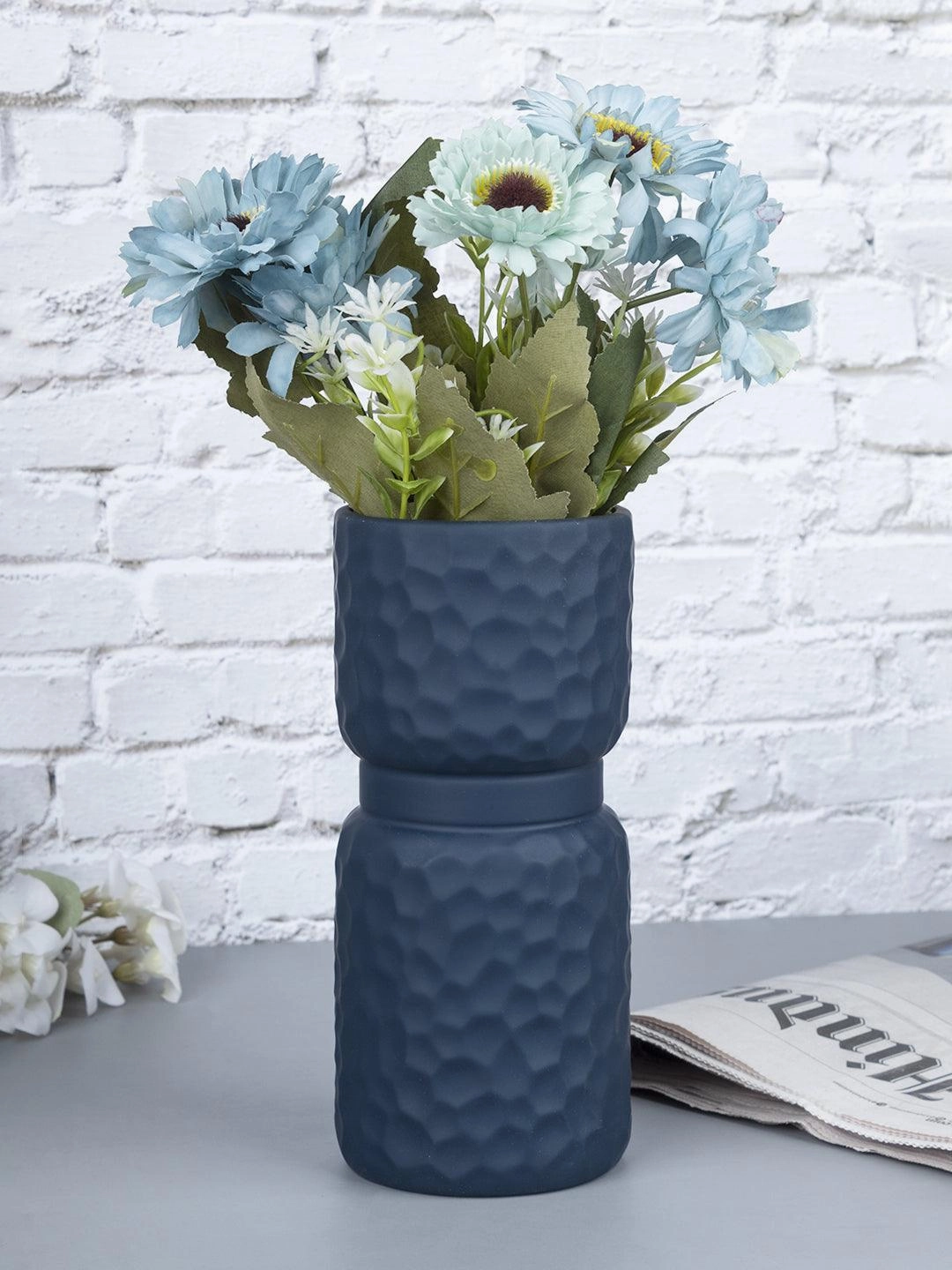 Ceramic, Vase, Engraved, Matt : Finish, Multicolor dried green plant  