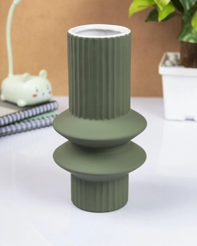 Ceramic, Vase, Round Body, Matt : Finish, Multicolor dried green plant  