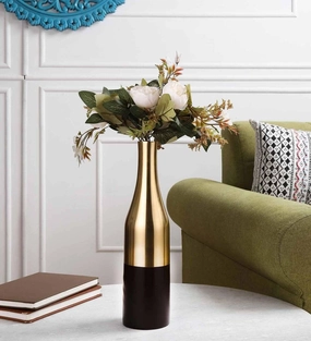 Champagne Bottle Scarlet Red & Gold (Small) Aluminium Table Vase, outdoor greenery  