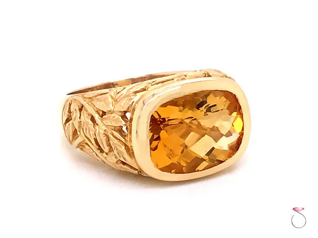 Citrine Cushion Cut Designer Ring with Leaf Motif