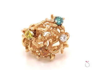 Coral Design Fancy Color Diamond Ring in 14k Yellow Gold