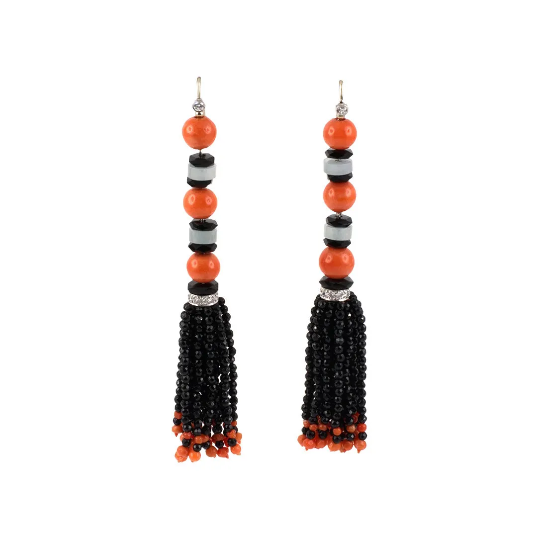 Coral, Jadeite & Onyx Tassel Earrings