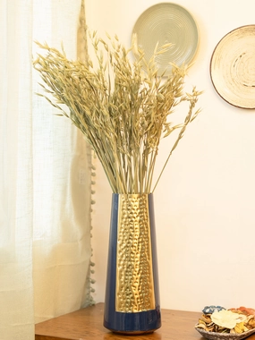 Decorative Enamel Vase - Golden & Blue dried green plant  