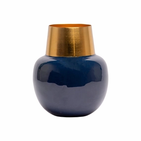 Decorative Enamel Vase - Golden & Blue dried green plant  