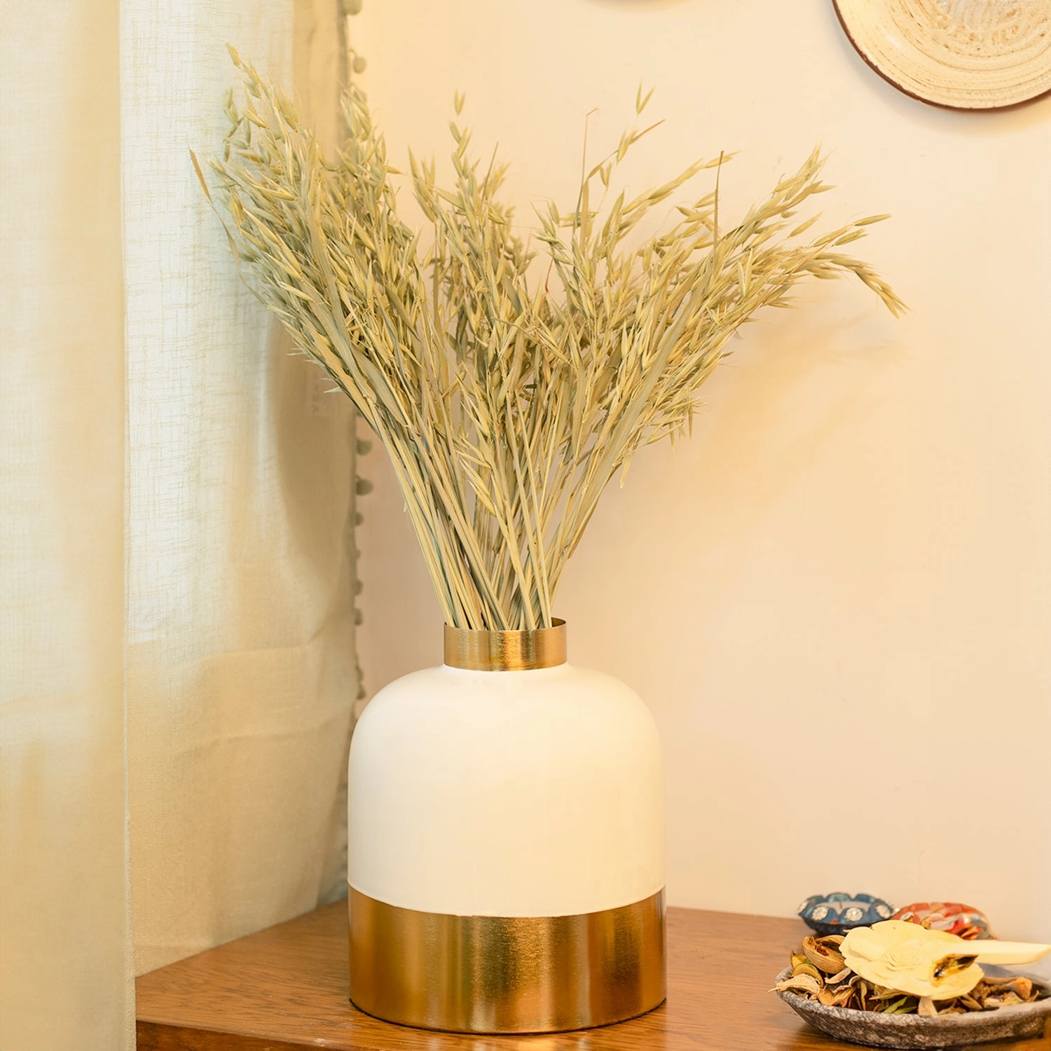 Decorative Enamel Vase - Golden & White dried green plant  
