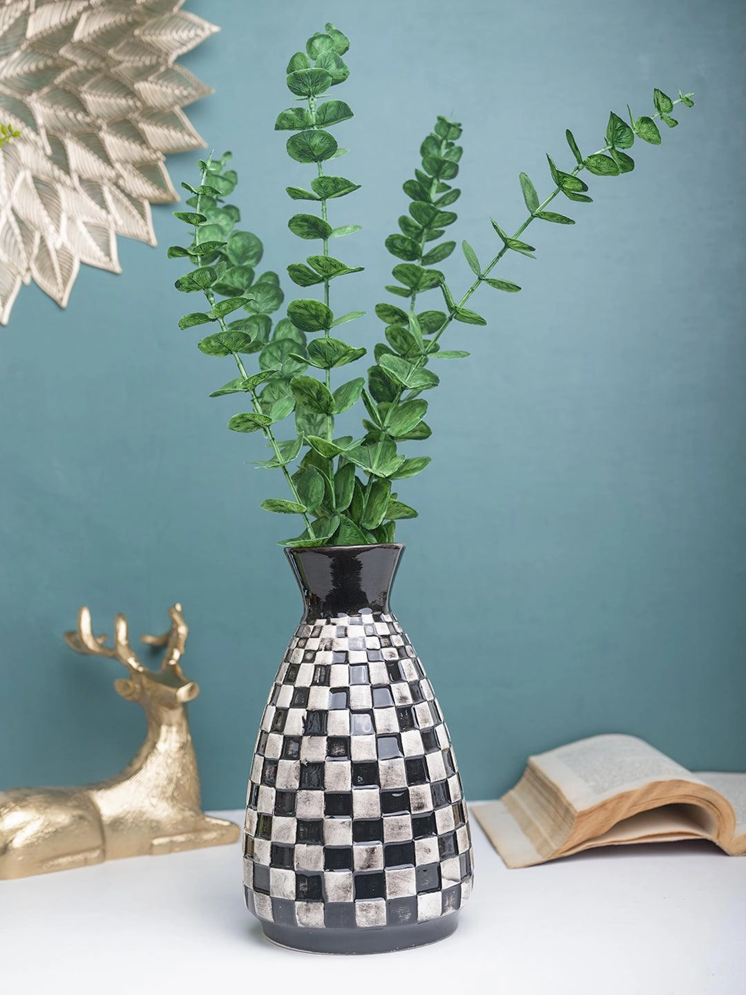 Decorative Flower Vase - Black and White dried green plant  