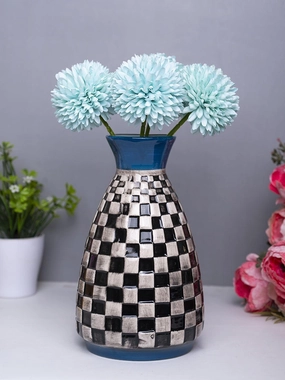 Decorative Flower Vase - Black, White and Blue dried green plant  