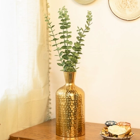 Decorative Golden Hammered Flower Vase - Cylinderical Shape dried green plant  