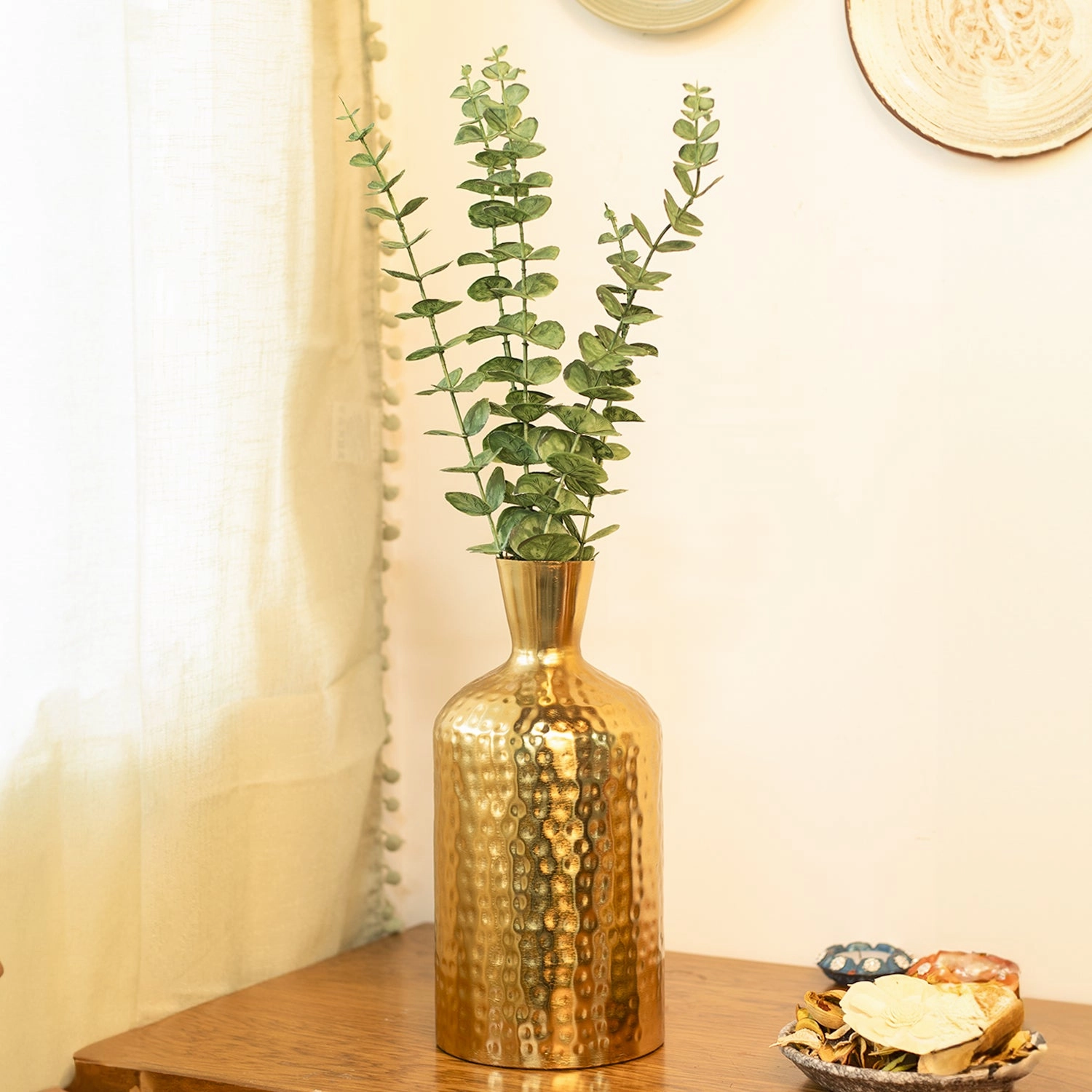 Decorative Golden Hammered Flower Vase - Cylinderical Shape dried green plant  