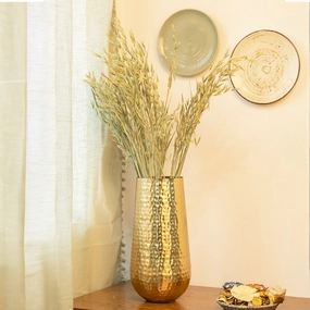 Decorative Golden Hammered Vase  - Cylinder Shape dried green plant  
