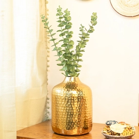 Decorative Hammered Vase  -Golden & Cylinder Shape dried green plant  