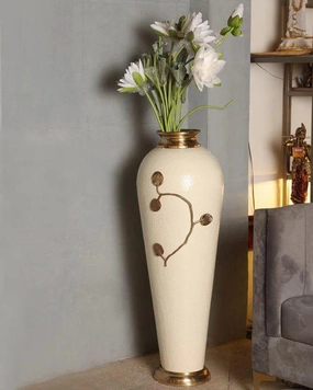 Decorative Metal White Round Flower Vase for Home Decor, Table Top, Living Room & Office outdoor greenery  