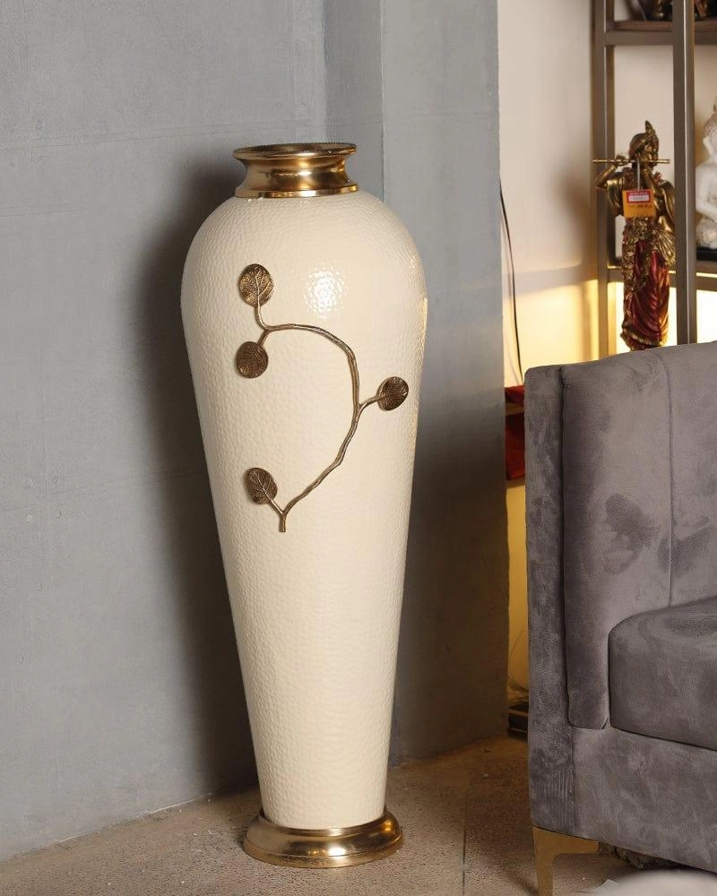 Decorative Metal White Round Flower Vase for Home Decor, Table Top, Living Room & Office