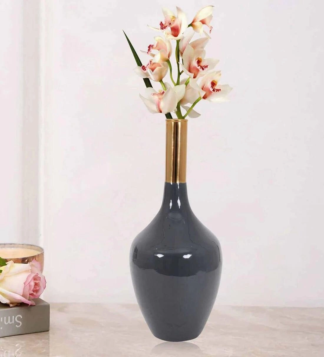Deidra Dim Grey Brass Table Vase, outdoor greenery  