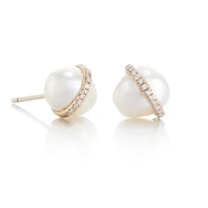 Diamond Bezel-Wrapped Pearl Stud Earrings
