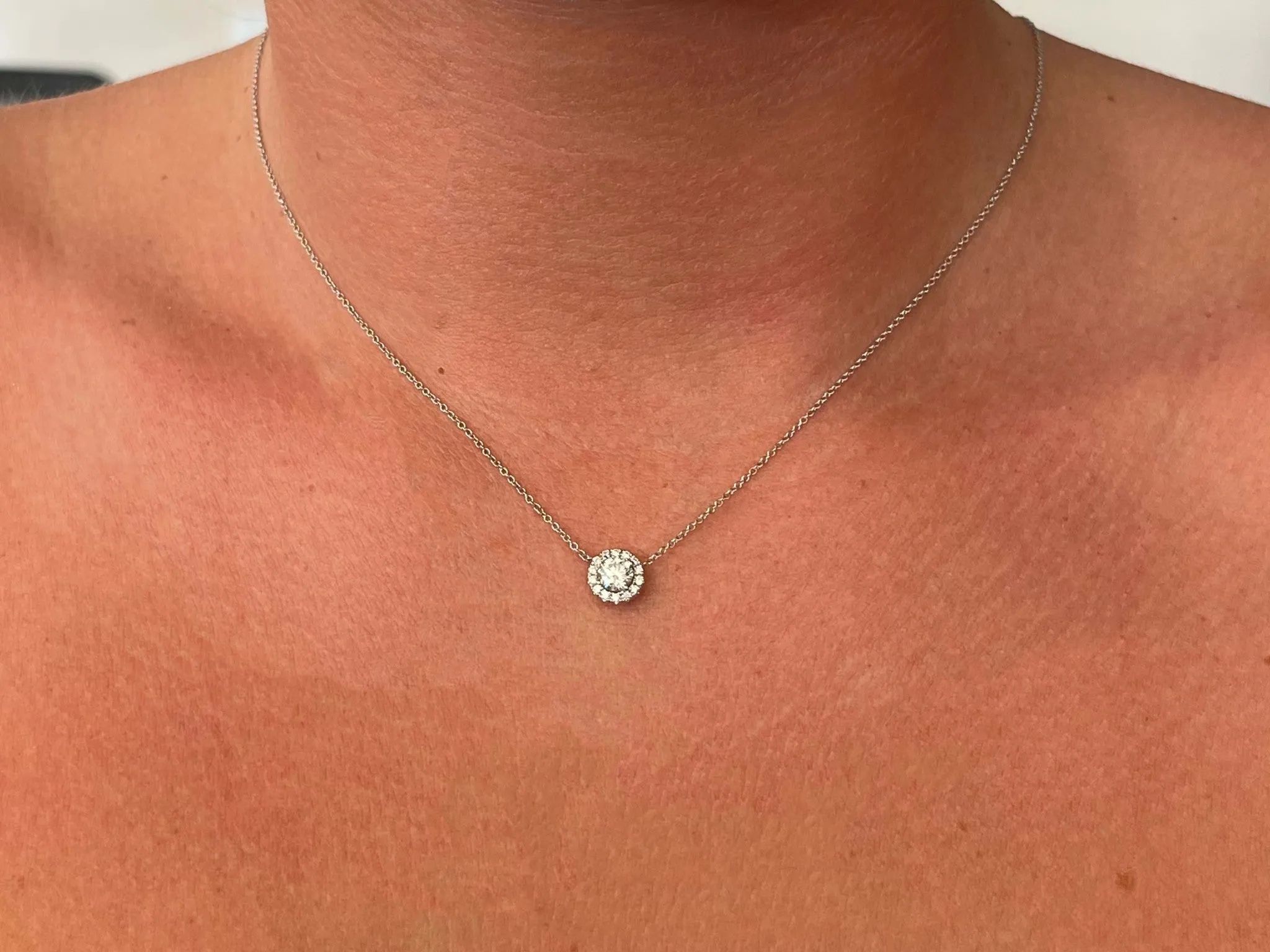 Diamond Halo Necklace Solid 14k White Gold