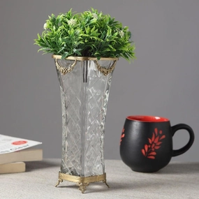Diamond Blossom Glass Vase with antique brass rings outdoor greenery  