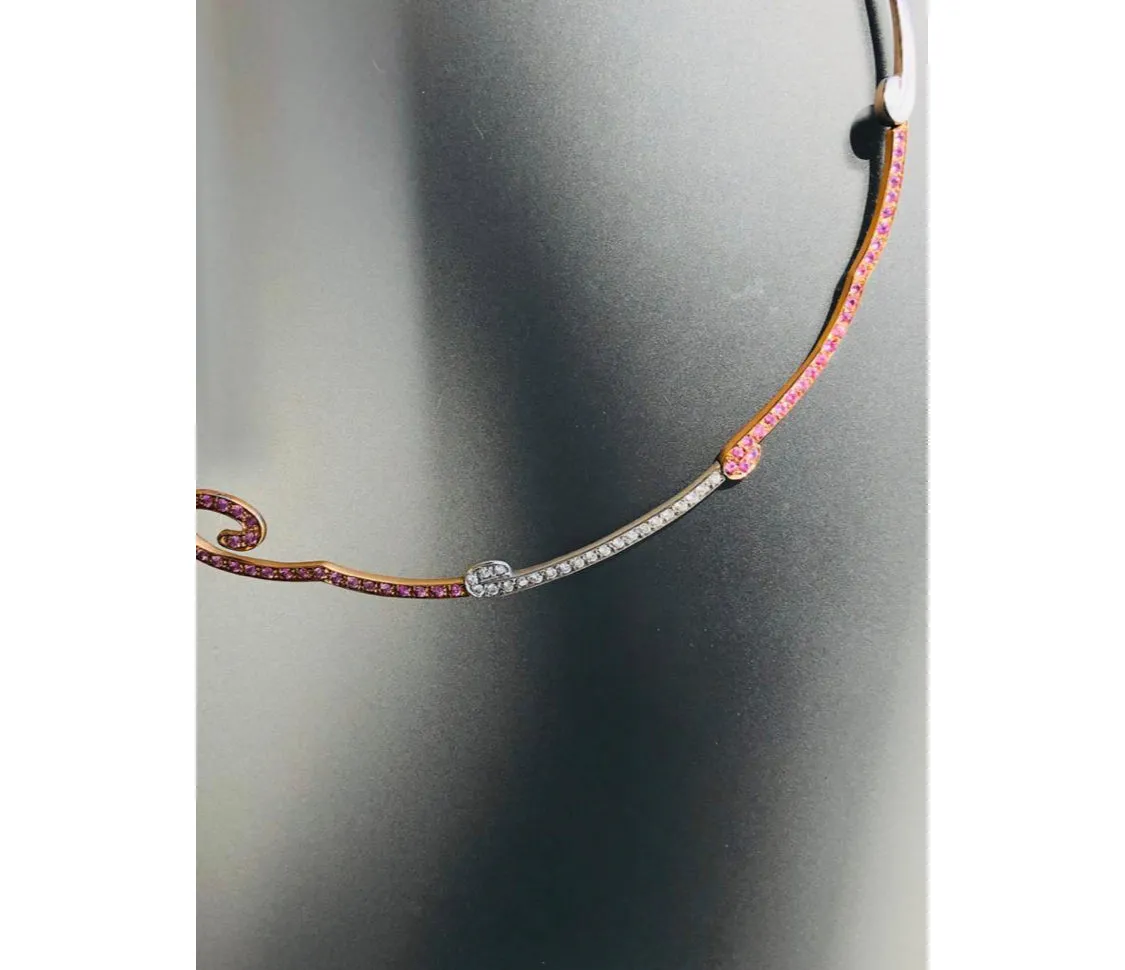 Diamonds and Pink Sapphires Necklace including Circular Designs 18K Gold Choker