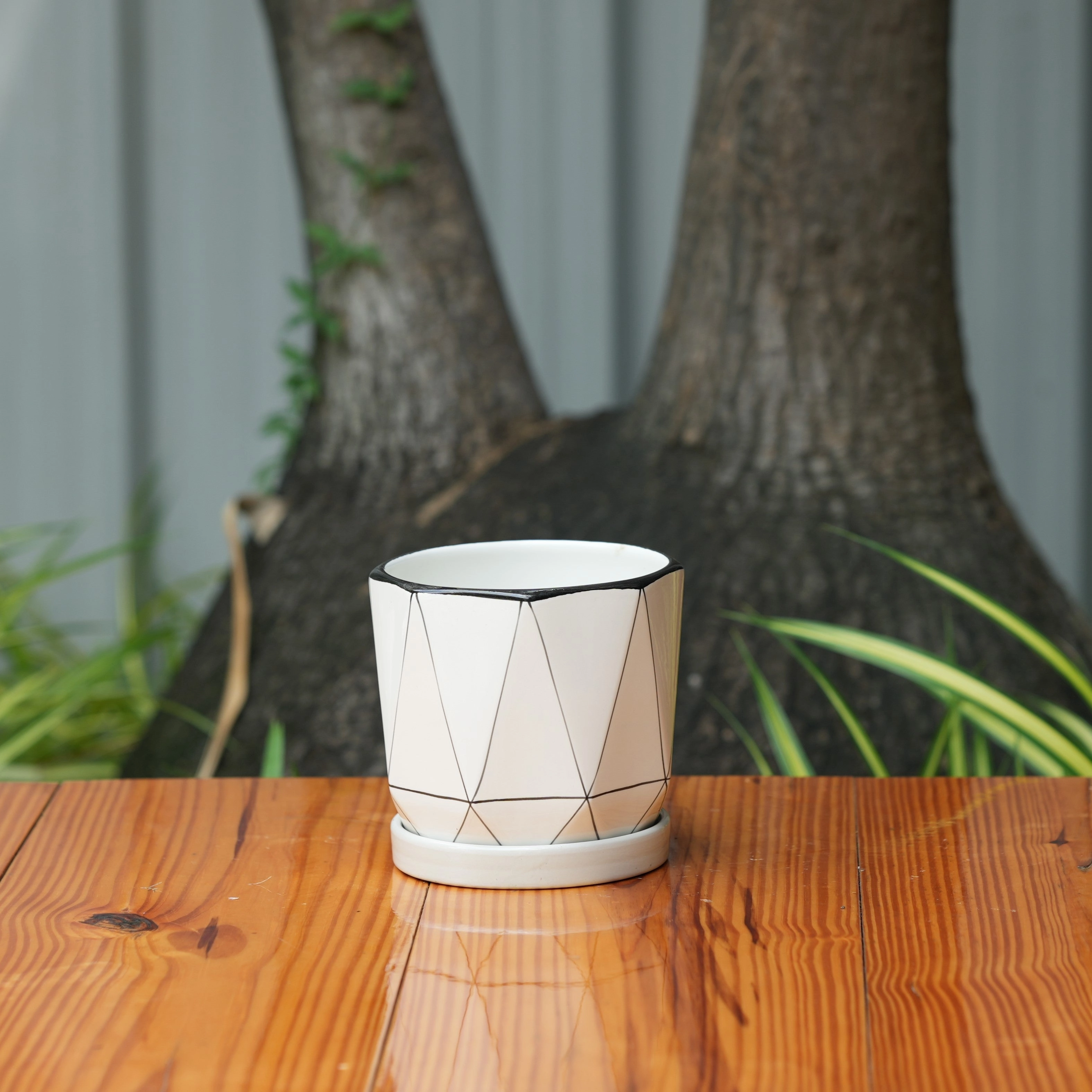 Diomond Cut Criss Cross line Design Ceramic Planter With Tray