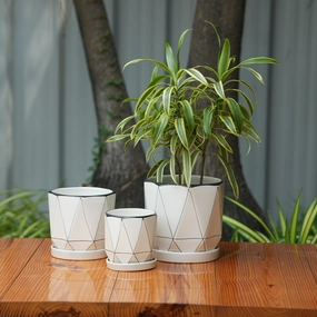 Diomond Cut Criss Cross line Design Ceramic Planter With Tray desktop planter  