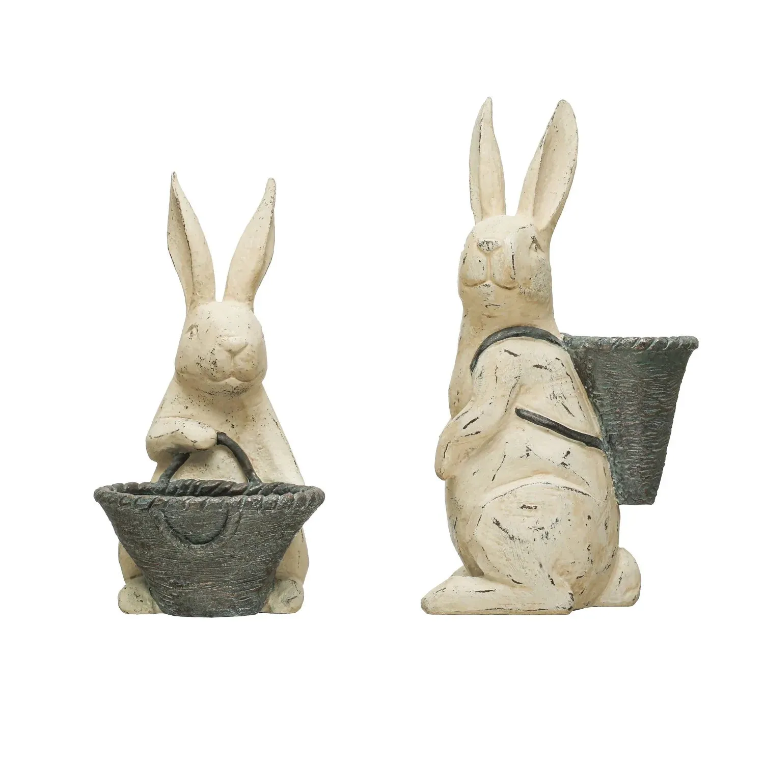 Distressed Resin Rabbit With Basket Set
