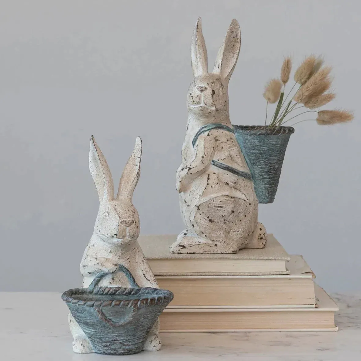 Distressed Resin Rabbit With Basket Set