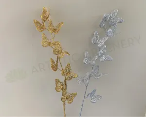 DS0046 Butterfly Glitter Stick 93cm Gold / Silver dried green plant  
