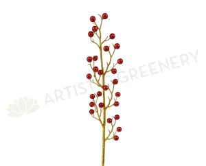 DS0048 Glitter Red Balls Twig 95cm dried green plant  