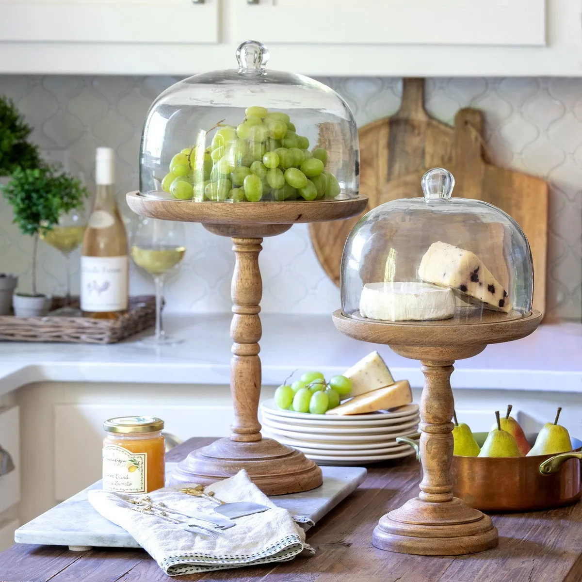 Elevated Wood Server with Glass Dome dried flowers  