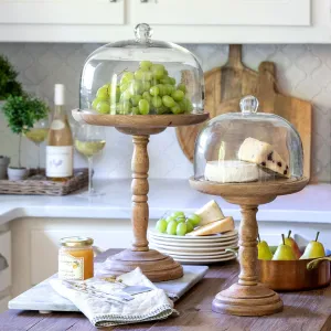 Elevated Wood Server with Glass Dome dried flowers  