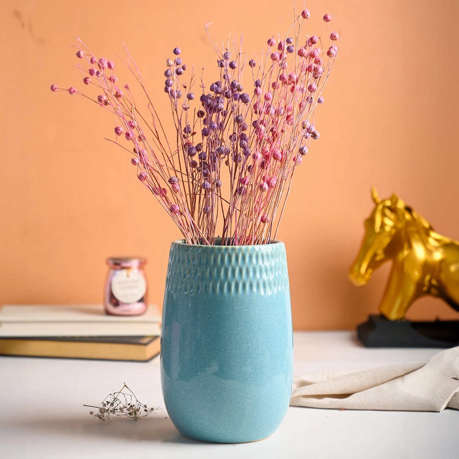 Embossed Vase dried green plant  