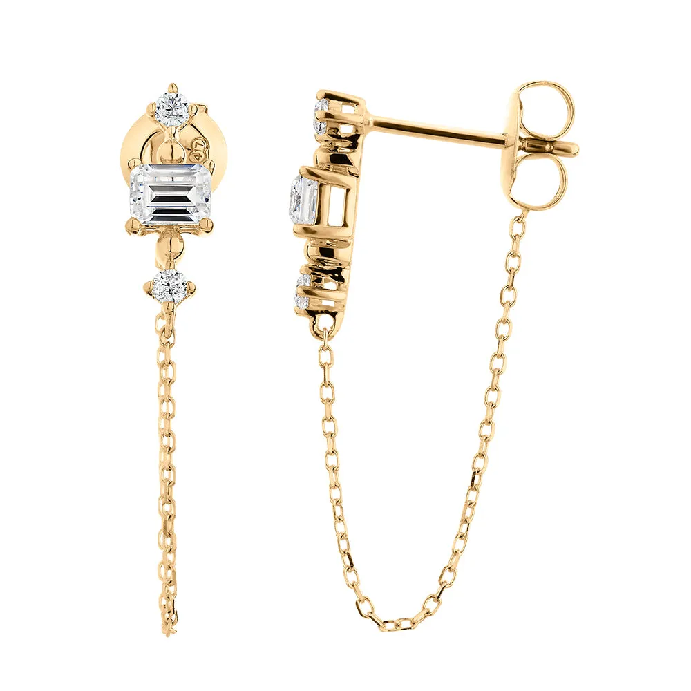 Emerald Cut and Round Brilliant drop earrings with 0.30 carats* of diamond simulants in 10 carat yellow gold