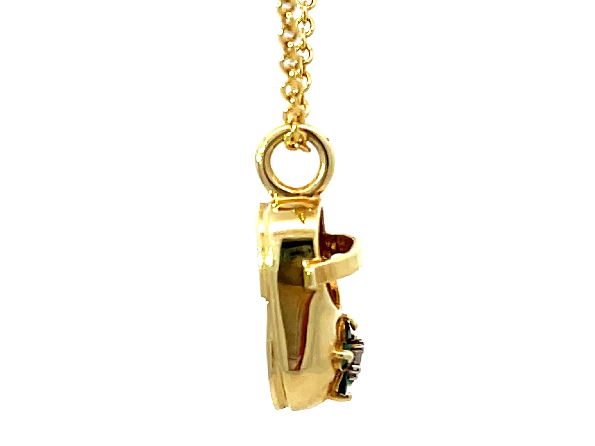 Emerald Diamond Flower Shoe Pendant Necklace Solid 14K Yellow Gold