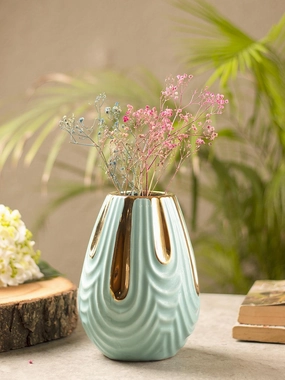 Emrald Ceramic Vase - Ribbed Design, Flower Holder dried green plant  
