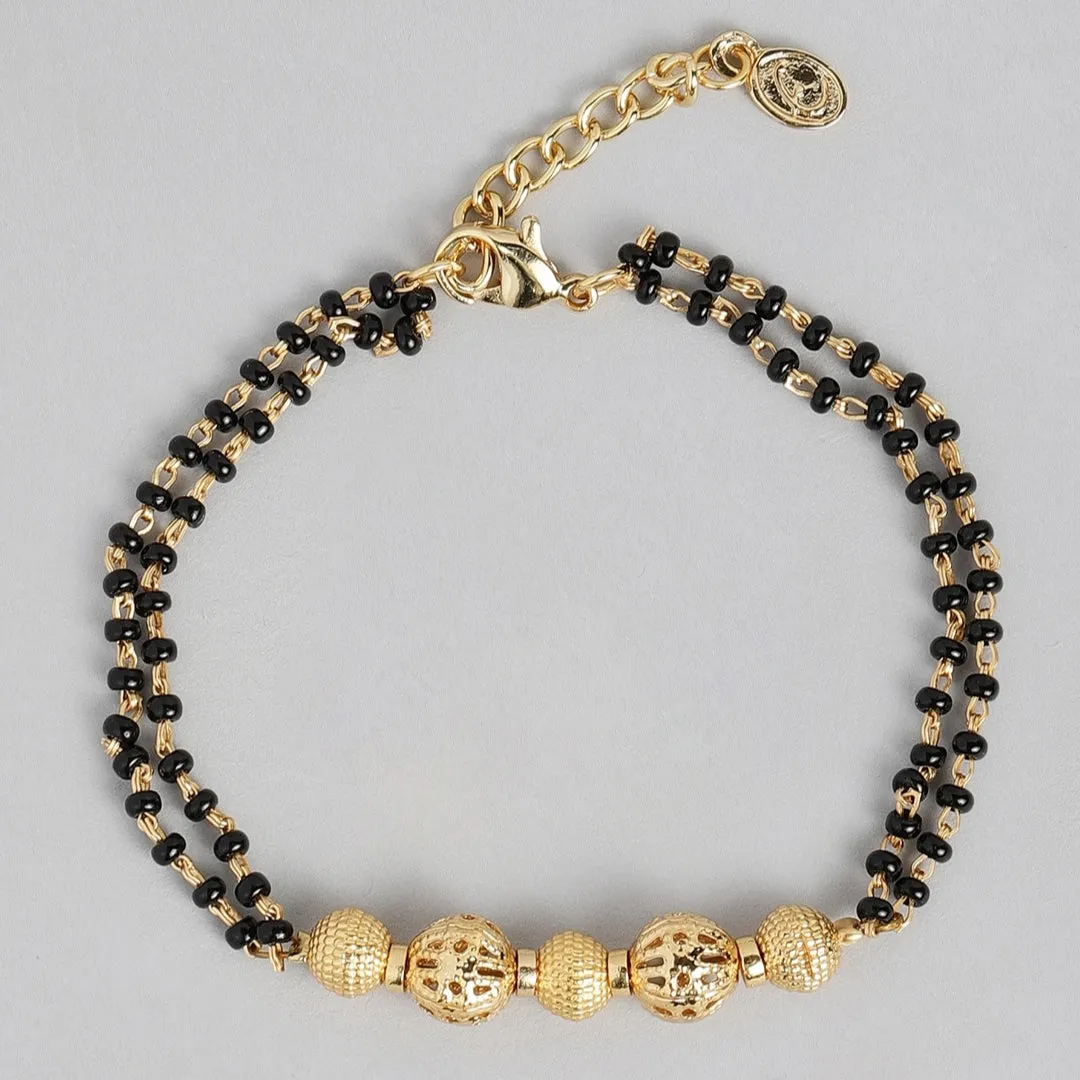 Estele Gold Plated Macrame Bracelet with Black Beads for Women