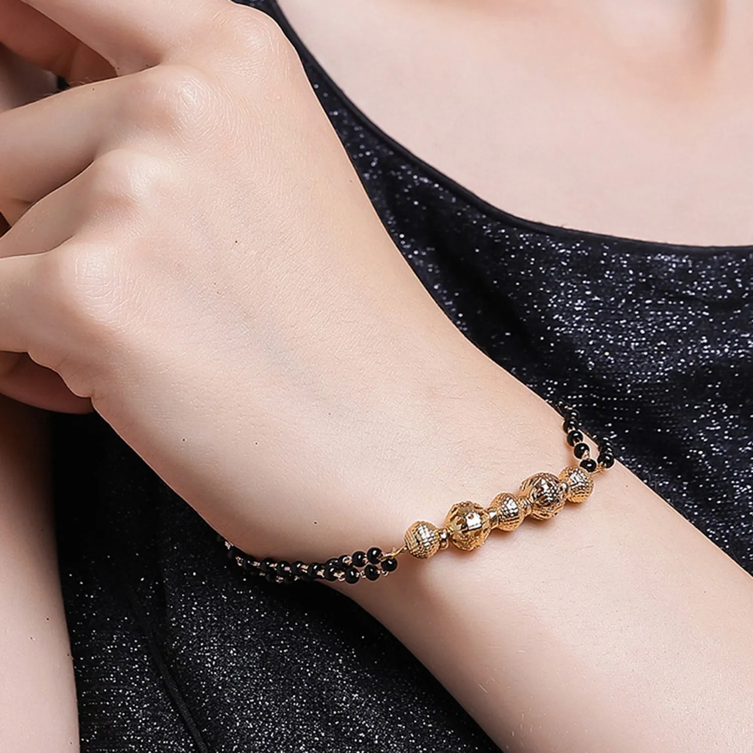 Estele Gold Plated Macrame Bracelet with Black Beads for Women