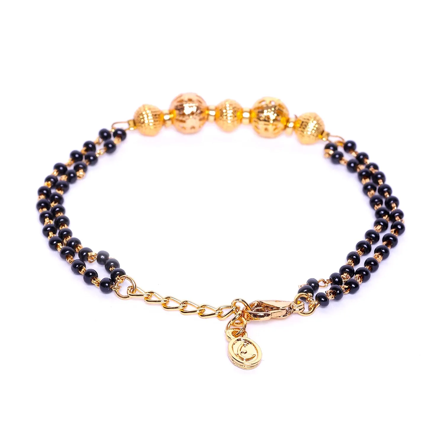 Estele Gold Plated Macrame Bracelet with Black Beads for Women