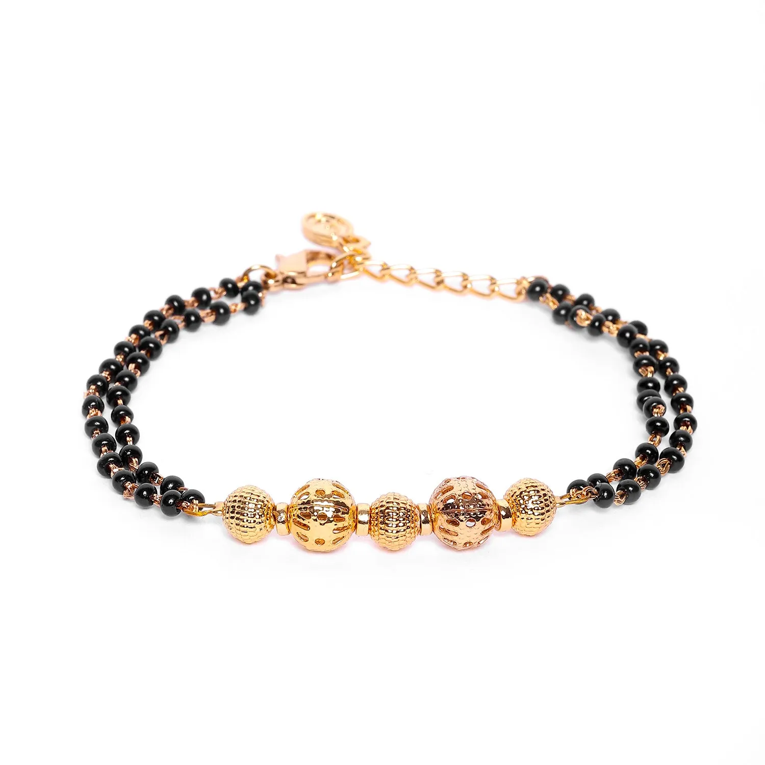 Estele Gold Plated Macrame Bracelet with Black Beads for Women