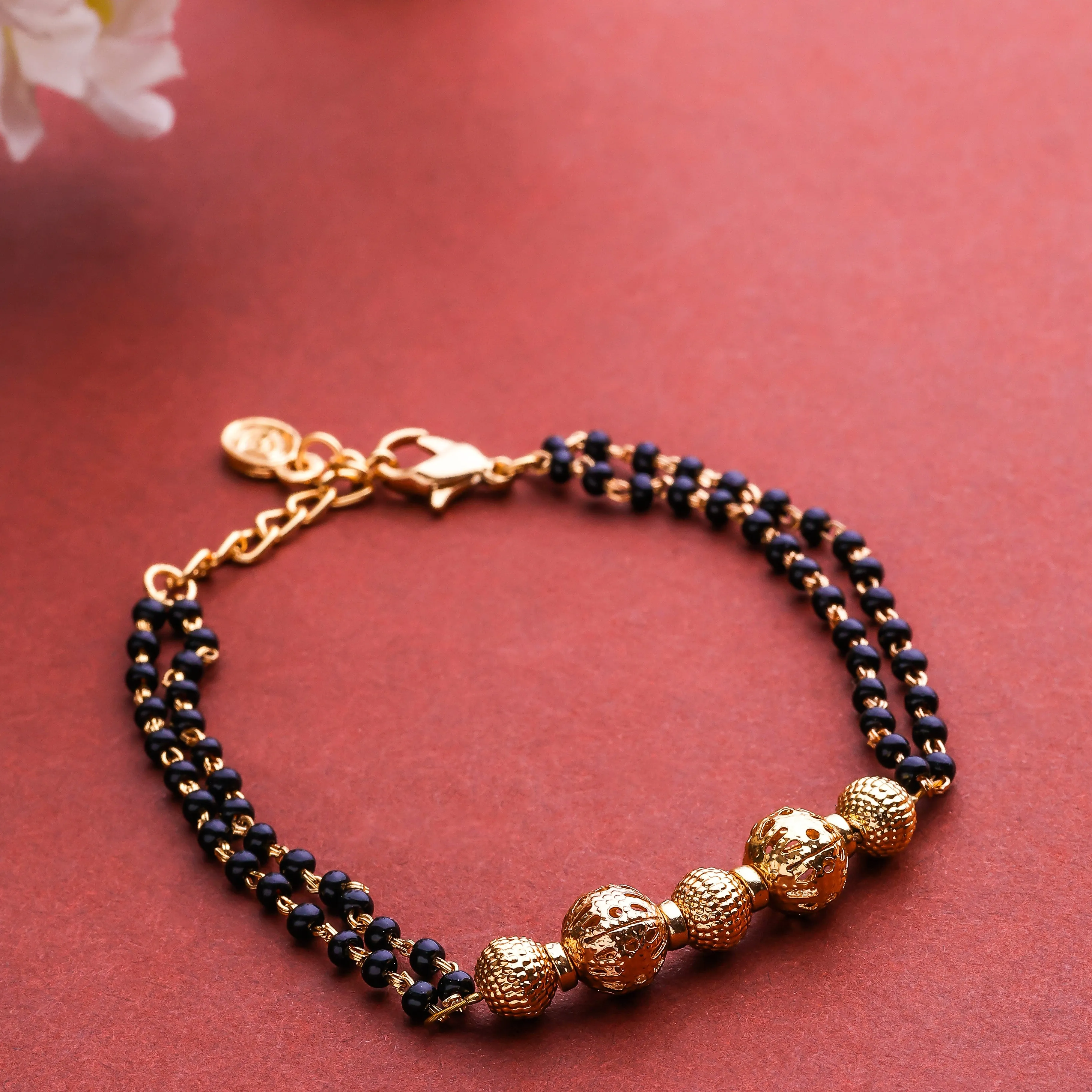 Estele Gold Plated Macrame Bracelet with Black Beads for Women
