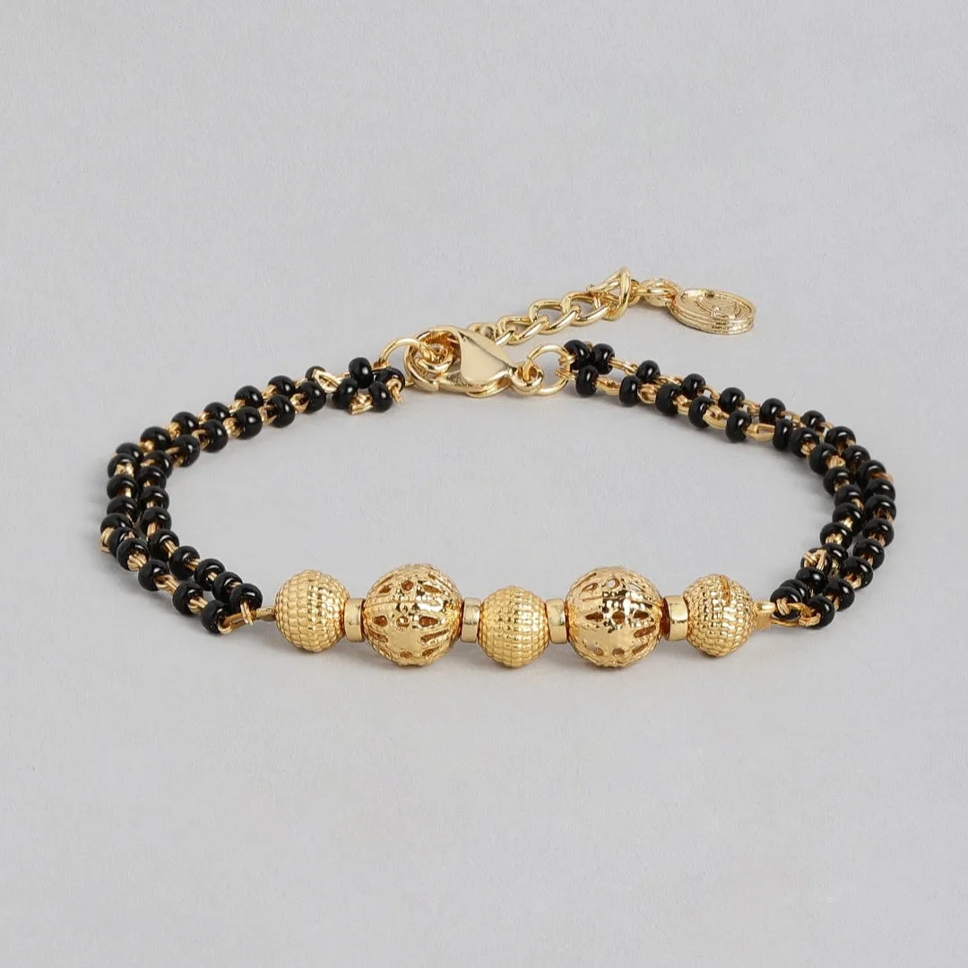 Estele Gold Plated Macrame Bracelet with Black Beads for Women