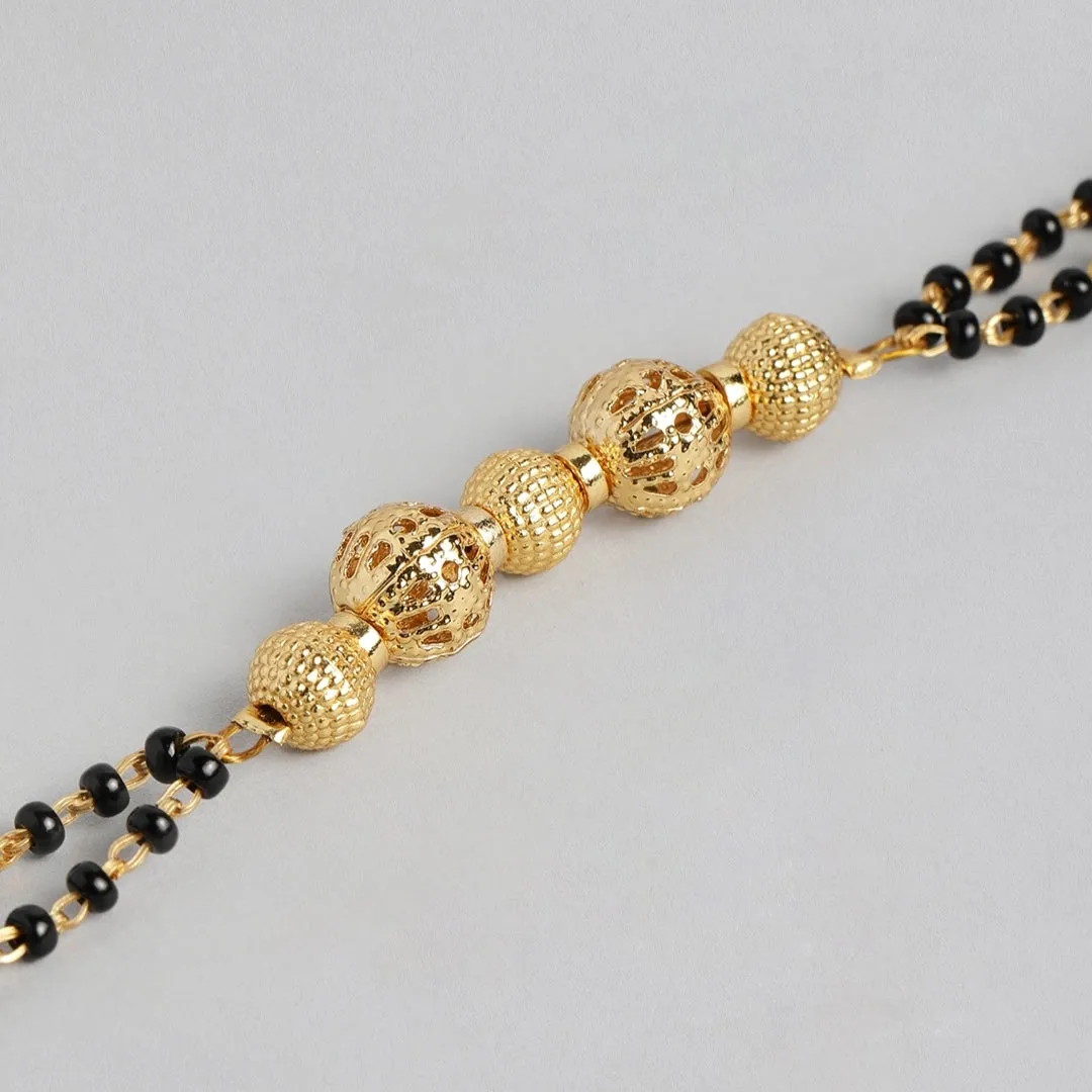 Estele Gold Plated Macrame Bracelet with Black Beads for Women