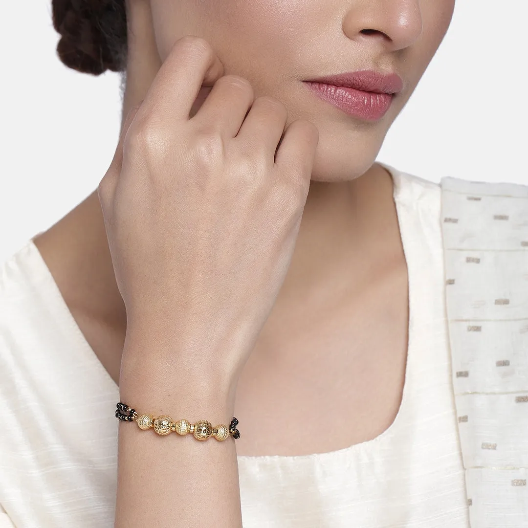 Estele Gold Plated Macrame Bracelet with Black Beads for Women