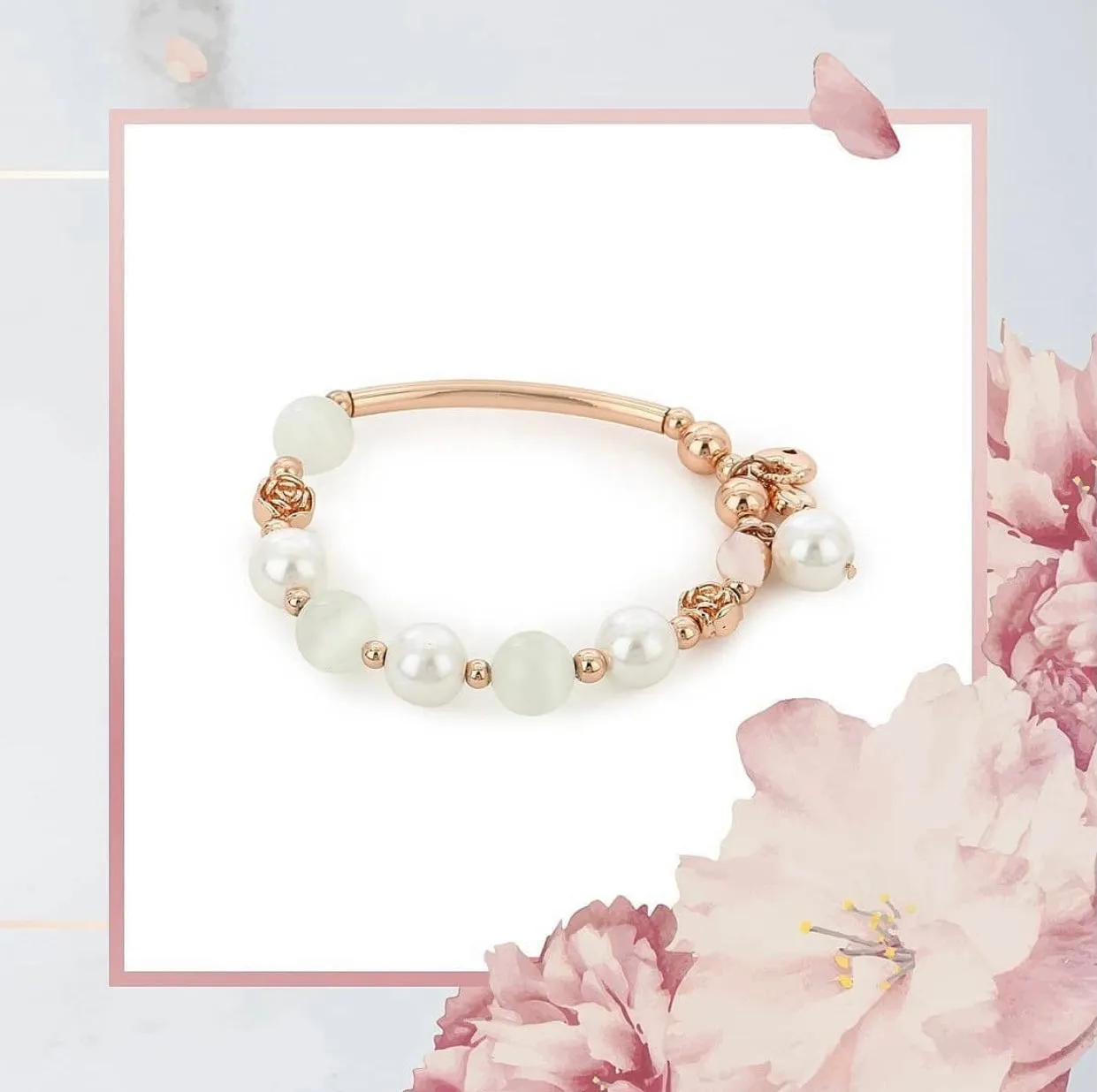 Estele Rosegold Plated Flux Pearl Charm Bracelet with Comfort Fit for Girls & Women