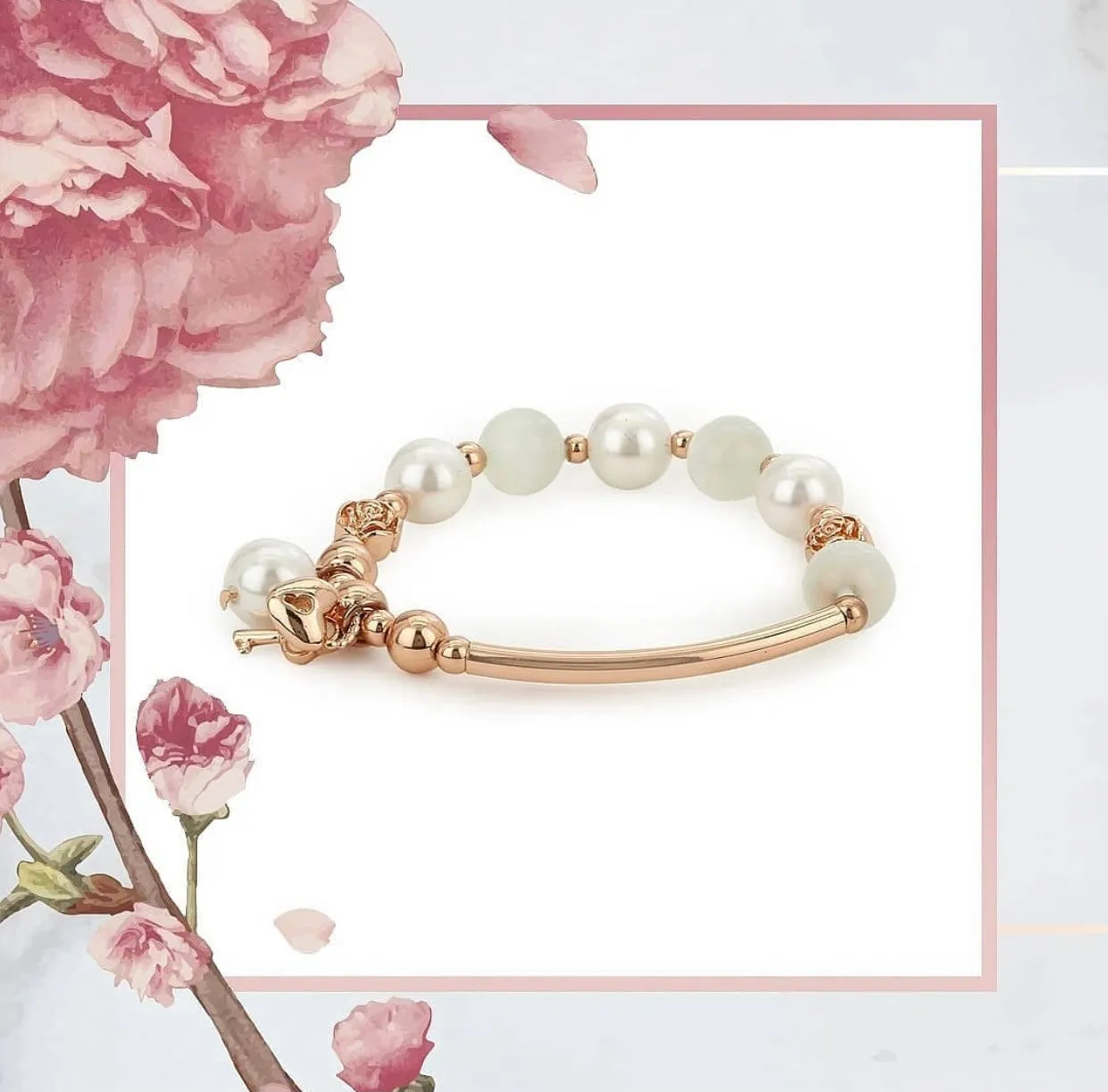 Estele Rosegold Plated Flux Pearl Charm Bracelet with Comfort Fit for Girls & Women