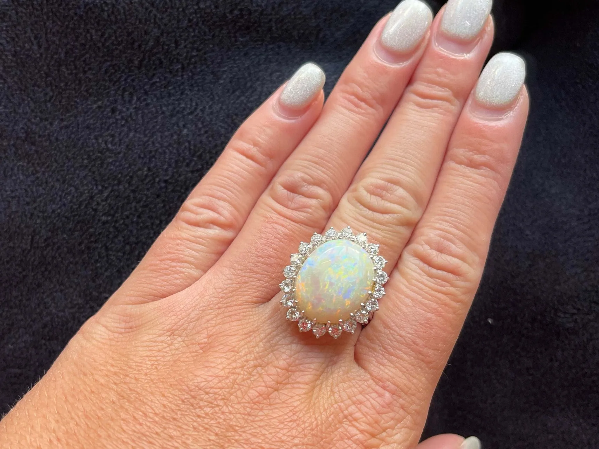Ethiopian Opal and Diamond Halo Ring in 14k White Gold