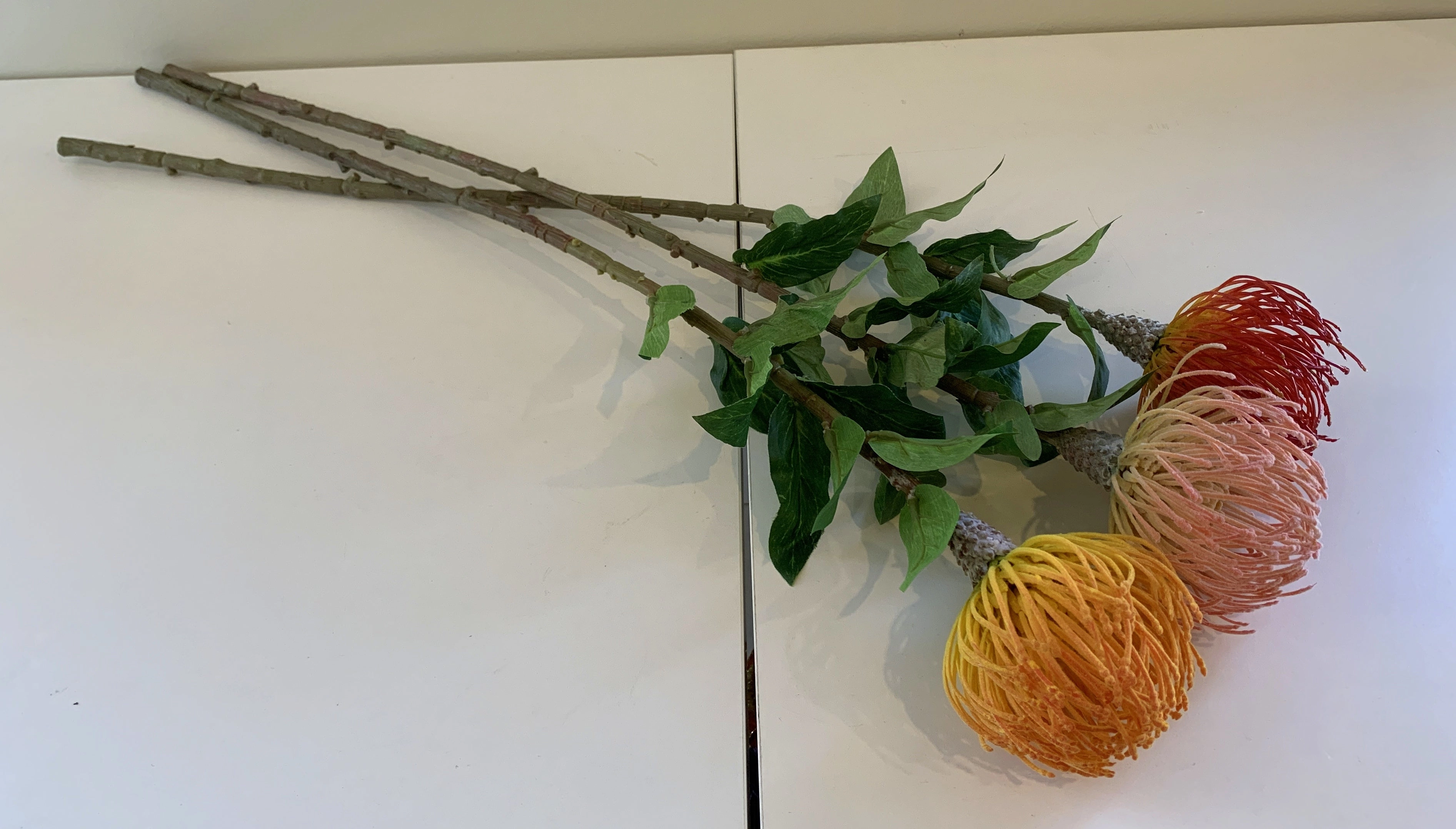 F0185 Pincushion Protea with Leaves 72cm Orange / Pink / Red