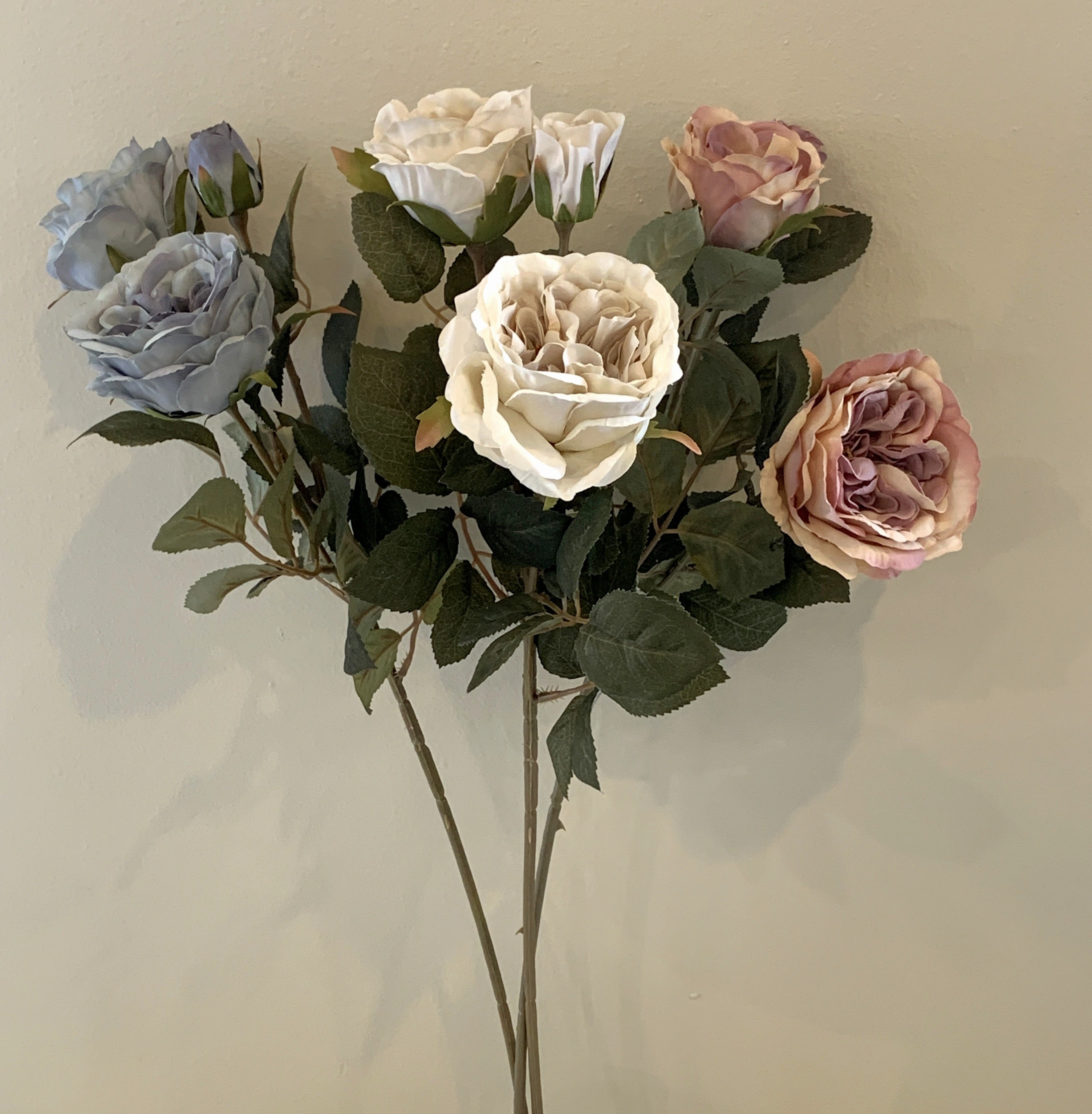 F0280 Rustic David Austin Rose Spray 60cm Blue / Cream / Pink / Light Pink