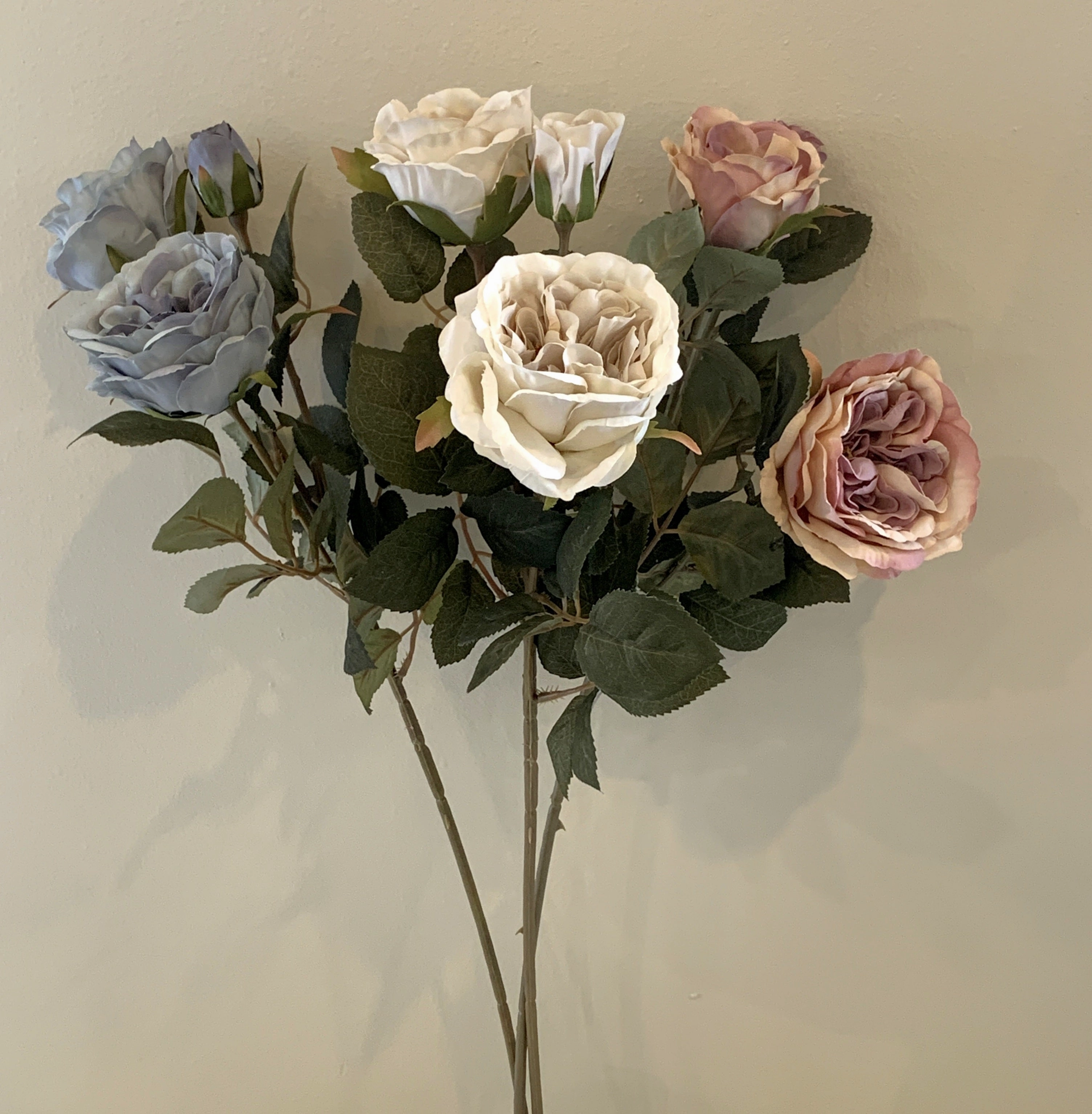 F0280 Rustic David Austin Rose Spray 60cm Blue / Cream / Pink / Light Pink