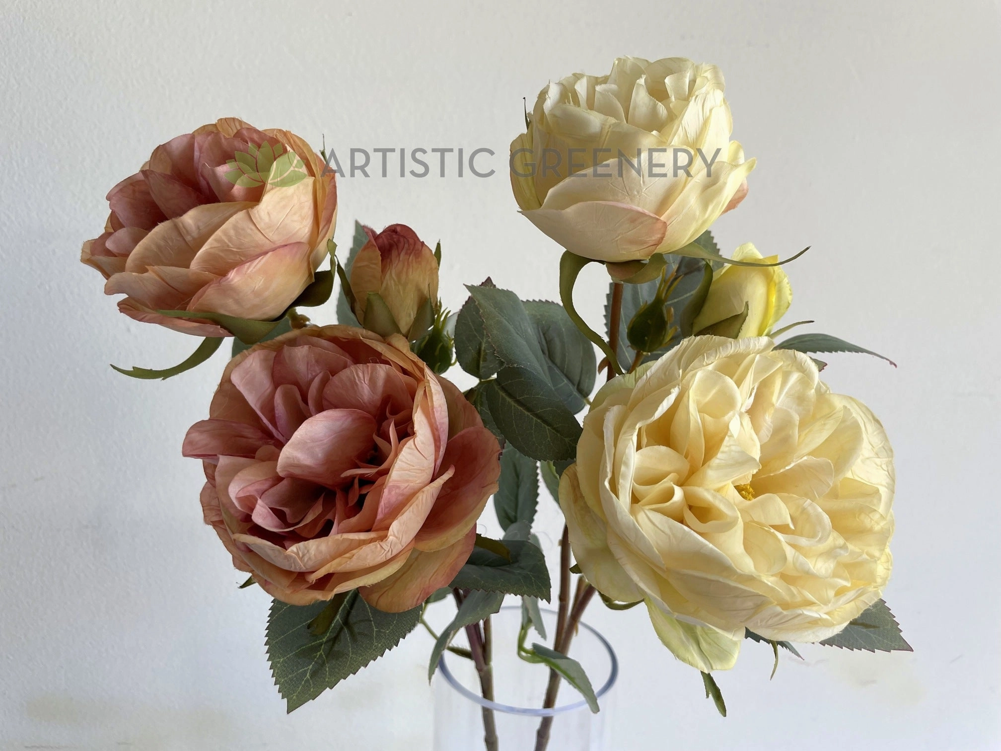 F0378 Rustic David Austin Rose Spray 56cm Cream / Pink